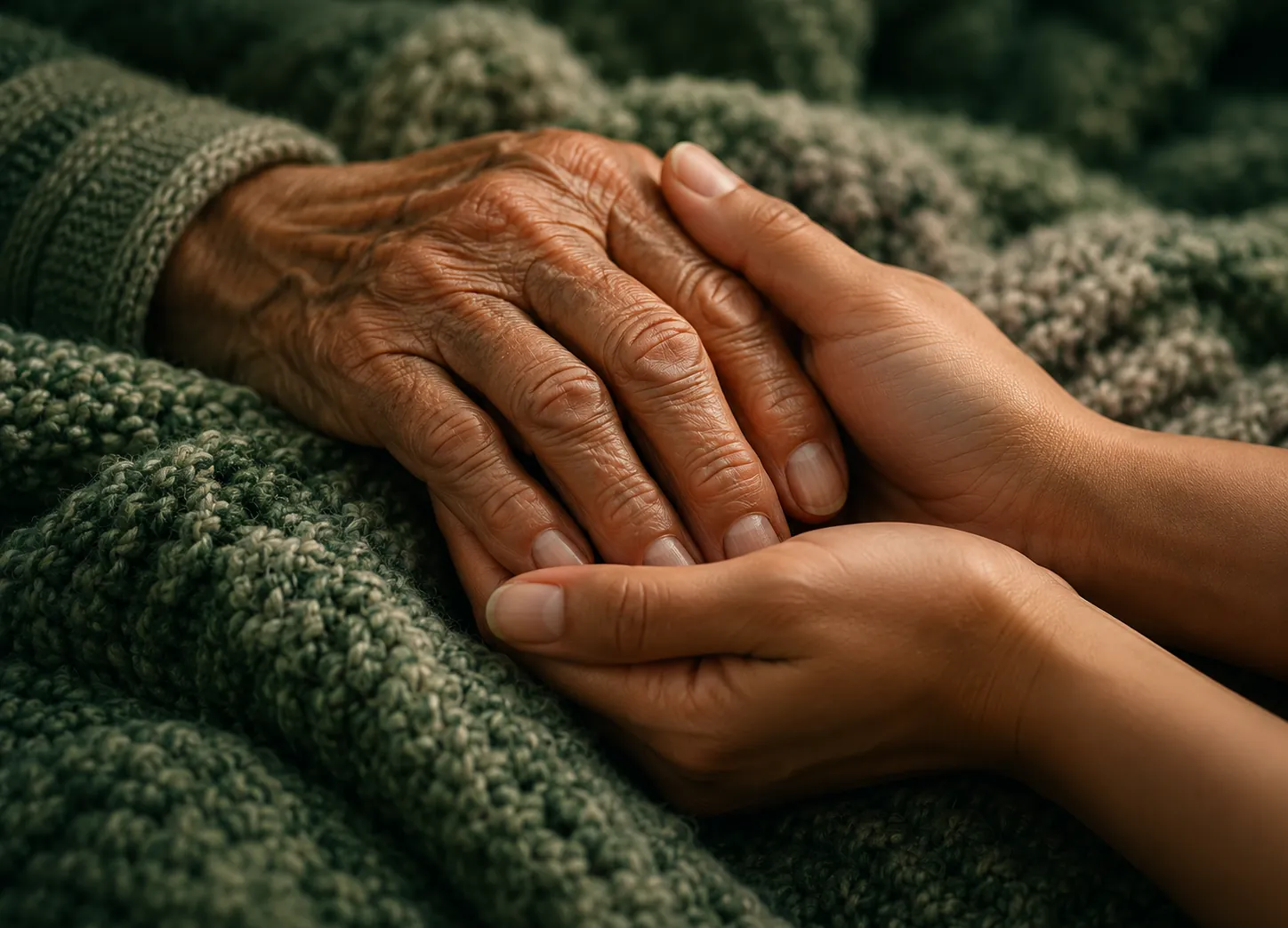 An older hand held gently in a younger one